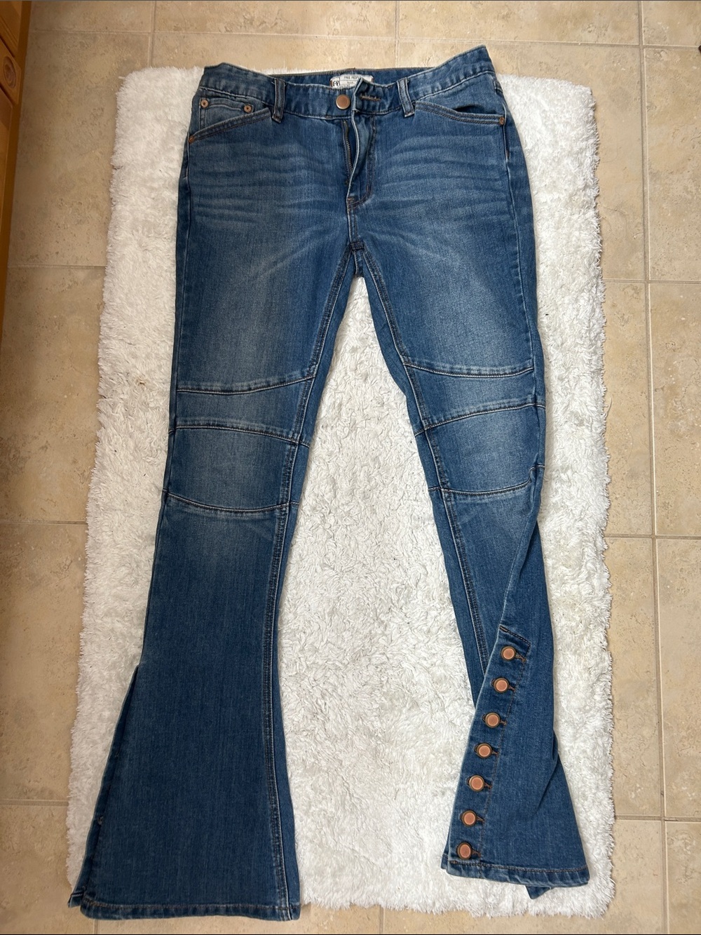 Free People Button-Trim Flared Jeans in Dark Blue